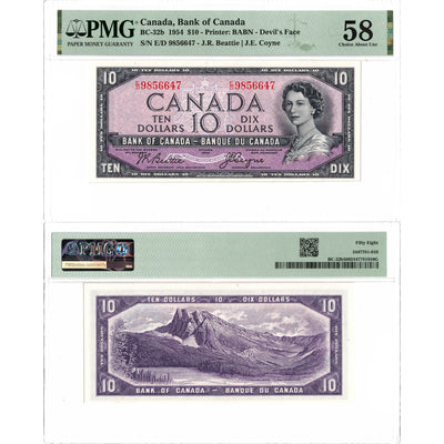 $10 1954 Bank of Canada Note Devil Face E/D Changeover Prefix BC-32b - PMG AU-58