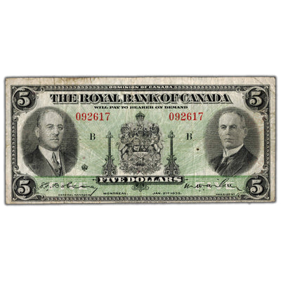 $5 1935 Royal Bank of Canada Chartered Note #630-18-02 - Writing on Back