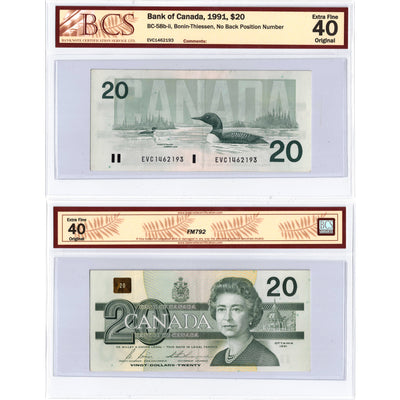 SOLD $20 1991 Bank of Canada Note EVC Prefix no BPN BC-58b-ii - BCS EF-40