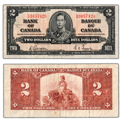 $2 1937 Bank of Canada Note Gordon-Towers R/B Prefix BC-22b - Tear/Pencil