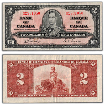$2 1937 Bank of Canada Note Gordon-Towers N/B Prefix BC-22b - VF