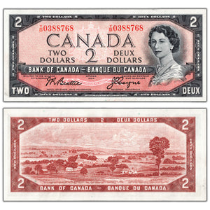 SOLD $2 1954 Bank of Canada Note Beattie-Coyne Y/B Prefix BC-38a - EF/AU