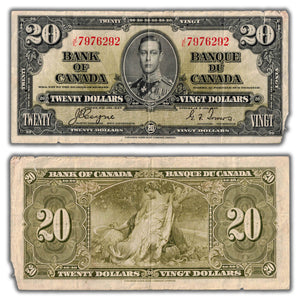 SOLD $20 1937 Bank of Canada Note Coyne-Towers J/E Prefix BC-25c - Missing Corner