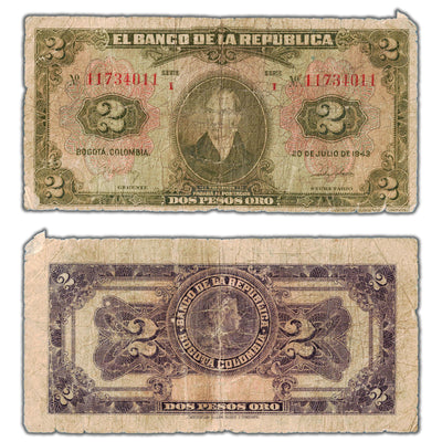 Colombia 1943 2 Two Pesos Oro Note P #390a - Filler/Damaged