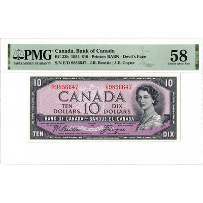 $10 1954 Bank of Canada Note Devil Face E/D Changeover Prefix BC-32b - PMG AU-58