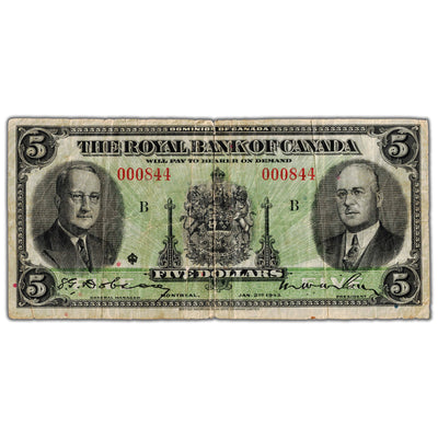 SOLD $5 1943 Royal Bank of Canada Chartered Note #630-20-02 - Lower Serial #844