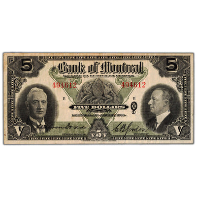 SOLD $5 1935 Bank of Montreal Canada Chartered Note #505-60-02 - VF
