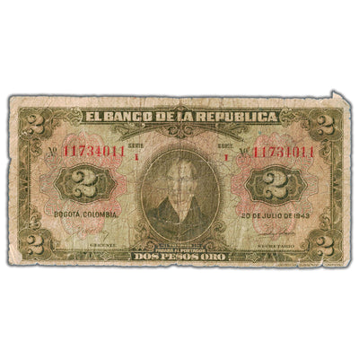 Colombia 1943 2 Two Pesos Oro Note P #390a - Filler/Damaged
