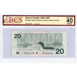 $20 1991 Bank of Canada Note EVC Prefix no BPN BC-58b-ii - BCS EF-40