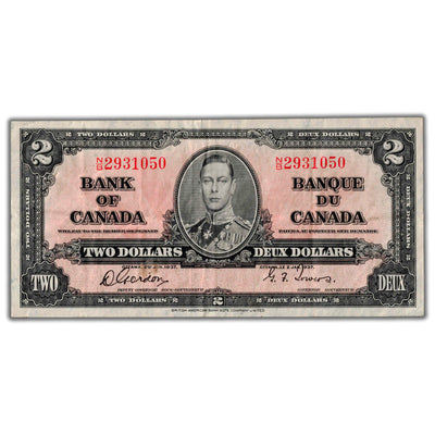 $2 1937 Bank of Canada Note Gordon-Towers N/B Prefix BC-22b - VF
