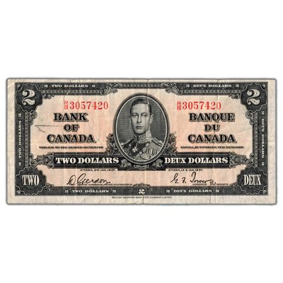 $2 1937 Bank of Canada Note Gordon-Towers R/B Prefix BC-22b - Tear/Pencil