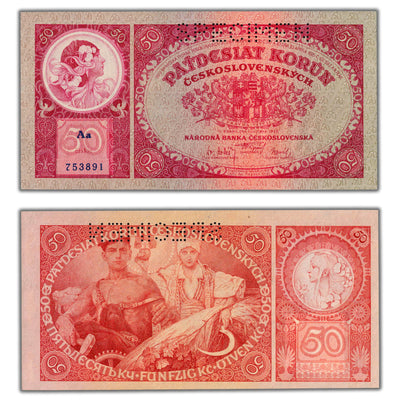 Czechoslovakia 1929 50 Fifty Korun Specimen Note P #22s - UNC