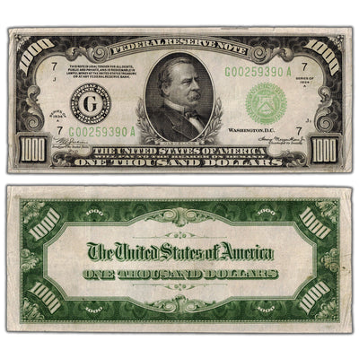 SOLD United States 1934 $1000 Chicago Federal Reserve Note Fr. 2211-G - VF+