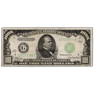 SOLD United States 1934 $1000 Chicago Federal Reserve Note Fr. 2211-G - VF+