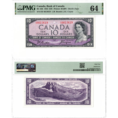 SOLD $10 1954 Bank of Canada Note Devil Face I/D Prefix BC-32b - PMG Ch UNC-64