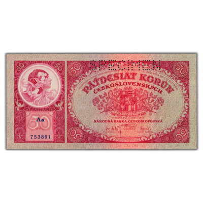 Czechoslovakia 1929 50 Fifty Korun Specimen Note P #22s - UNC