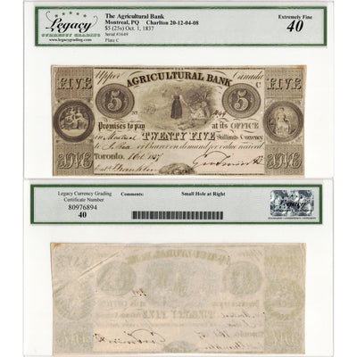 SOLD $5 1837 The Agricultural Bank Canada Note #20-12-04-08 - Legacy EF-40
