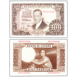 Spain 1953 100 Pesetas Note P #145a - AU/UNC