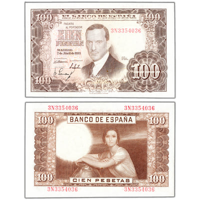 SOLD Spain 1953 100 Pesetas Note P #145a - AU/UNC