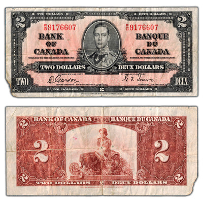 $2 1937 Bank of Canada Note Gordon-Towers R/B Prefix BC-22b - Missing Corner