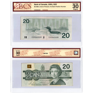 SOLD $20 1991 Bank of Canada Note EVD Prefix no BPN BC-58b-ii - BCS VF-30