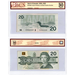 $20 1991 Bank of Canada Note EVD Prefix no BPN BC-58b-ii - BCS VF-30