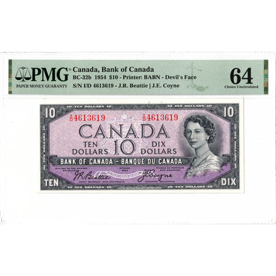 SOLD $10 1954 Bank of Canada Note Devil Face I/D Prefix BC-32b - PMG Ch UNC-64
