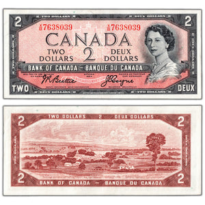 SOLD $2 1954 Bank of Canada Note Beattie-Coyne X/B Prefix BC-38a - EF