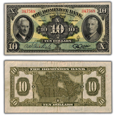 $10 1938 The Dominion Bank Canada Chartered Note CH #220-28-04 - F/VF