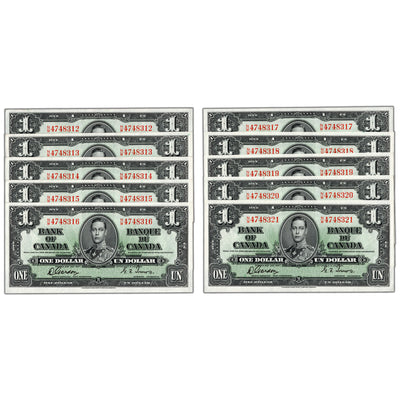 SOLD $1 1937 Bank of Canada Notes N/M Prefix BC-21c - 10 Consecutive AU/UNC