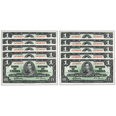 SOLD $1 1937 Bank of Canada Notes N/M Prefix BC-21c - 10 Consecutive AU/UNC