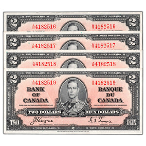SOLD $2 1937 Bank of Canada Notes A/R Prefix BC-22c - 4 Consecutive AU/UNC