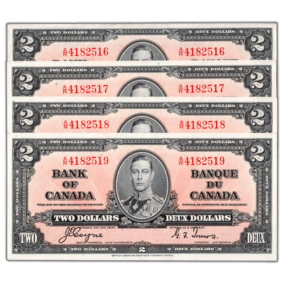 SOLD $2 1937 Bank of Canada Notes A/R Prefix BC-22c - 4 Consecutive AU/UNC