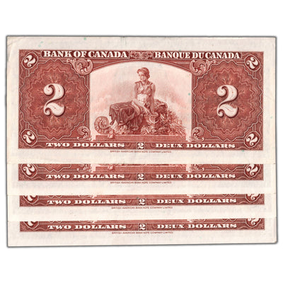 SOLD $2 1937 Bank of Canada Notes A/R Prefix BC-22c - 4 Consecutive AU/UNC
