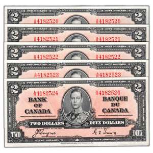 SOLD $2 1937 Bank of Canada Notes A/R Prefix BC-22c - 5 Consecutive AU/UNC