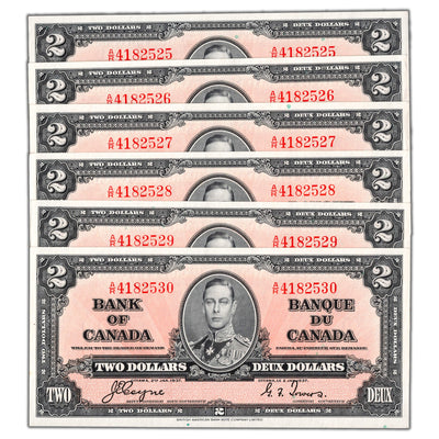 SOLD $2 1937 Bank of Canada Notes A/R Prefix BC-22c - 6 Consecutive AU/UNC