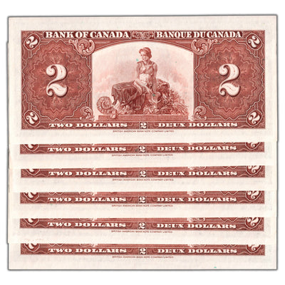 SOLD $2 1937 Bank of Canada Notes A/R Prefix BC-22c - 6 Consecutive AU/UNC