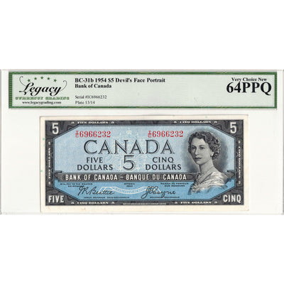 SOLD $5 1954 Bank of Canada Note Devil Face I/C Prefix BC-31b - Legacy Ch UNC-64 PPQ