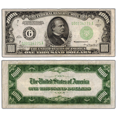 SOLD United States 1934 $1000 Chicago Federal Reserve Note Fr. 2211-G - VF+
