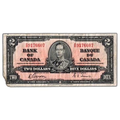 $2 1937 Bank of Canada Note Gordon-Towers R/B Prefix BC-22b - Missing Corner