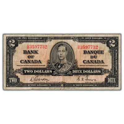 $2 1937 Bank of Canada Note Gordon-Towers O/B Prefix BC-22b - Fine