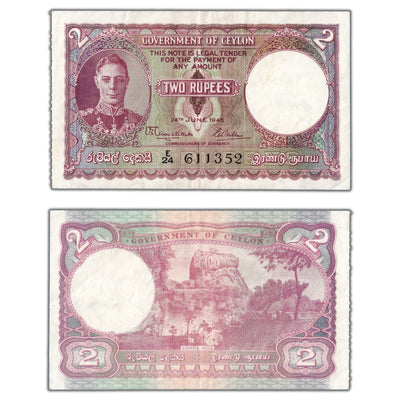 SOLD Ceylon 1945 2 Two Rupees Note P #35a - VF/EF