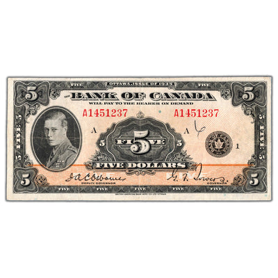 SOLD $5 1935 Bank of Canada Note English Text BC-5 - VF (pressed/writing)