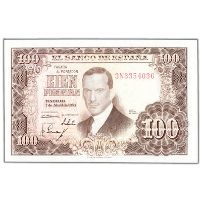 SOLD Spain 1953 100 Pesetas Note P #145a - AU/UNC