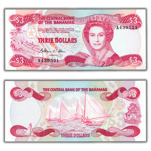 SOLD Bahamas 1974 (1984) $3 Three Dollars Note P #44 - UNC