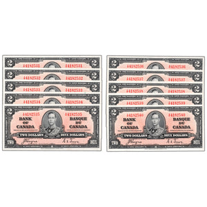SOLD $2 1937 Bank of Canada Notes A/R Prefix BC-22c - 10 Consecutive AU/UNC