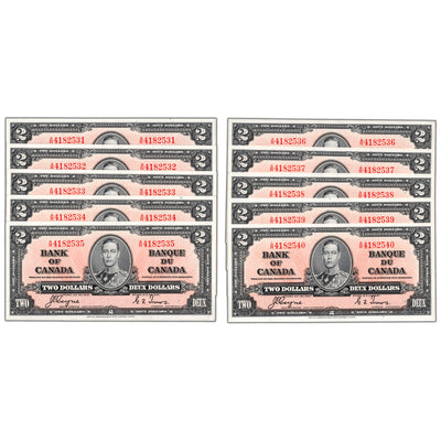 SOLD $2 1937 Bank of Canada Notes A/R Prefix BC-22c - 10 Consecutive AU/UNC