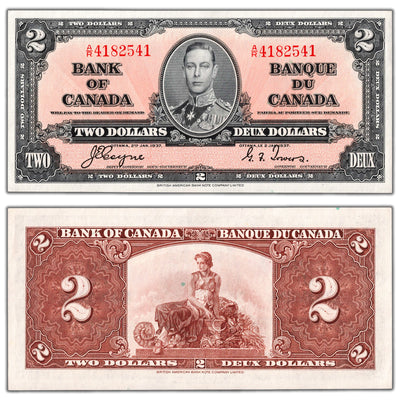 SOLD $2 1937 Bank of Canada Note Coyne-Towers A/R Prefix BC-22c - AU/UNC