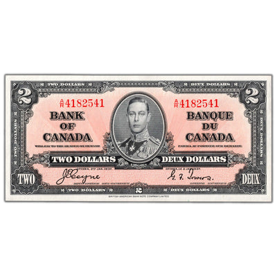 SOLD $2 1937 Bank of Canada Note Coyne-Towers A/R Prefix BC-22c - AU/UNC