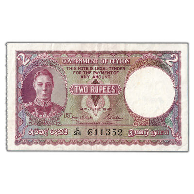 SOLD Ceylon 1945 2 Two Rupees Note P #35a - VF/EF